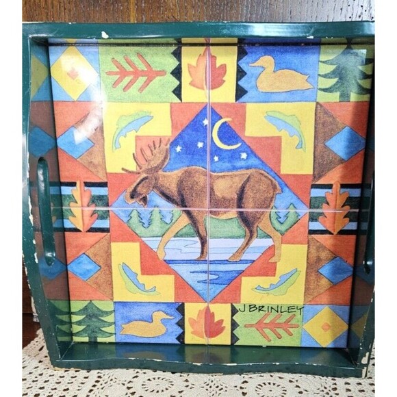 J. Brinley Art Tile in a Wooden Serving Tray Moose Scene (read) - Picture 1 of 12